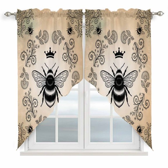 Vintage Crown Bee Swag Curtain Valance for Window 2 Panels Classical Floral Texture Orange Green Ombre Rod Pocket Small Window Swag Valances for Kitchen Bedroom Bathroom 28" W x 36" L