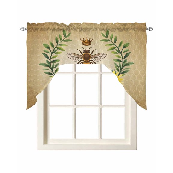 Vintage Crown Bee Swag Valance for Window, Country Sunflowers Green Leaves Honeycomb Light Filtering Swag Curtain Rod Pocket Kitchen Curtain Valance for Bedroom