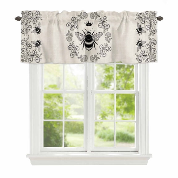 Vintage Crown Bee Window Valance for Kitchen, Classical Floral Texture Farmhouse Linen Rod Pocket Short Curtain for Small Windows, Light Filtering Decorative Valance, 42 x 12 Inch, 1 Panel