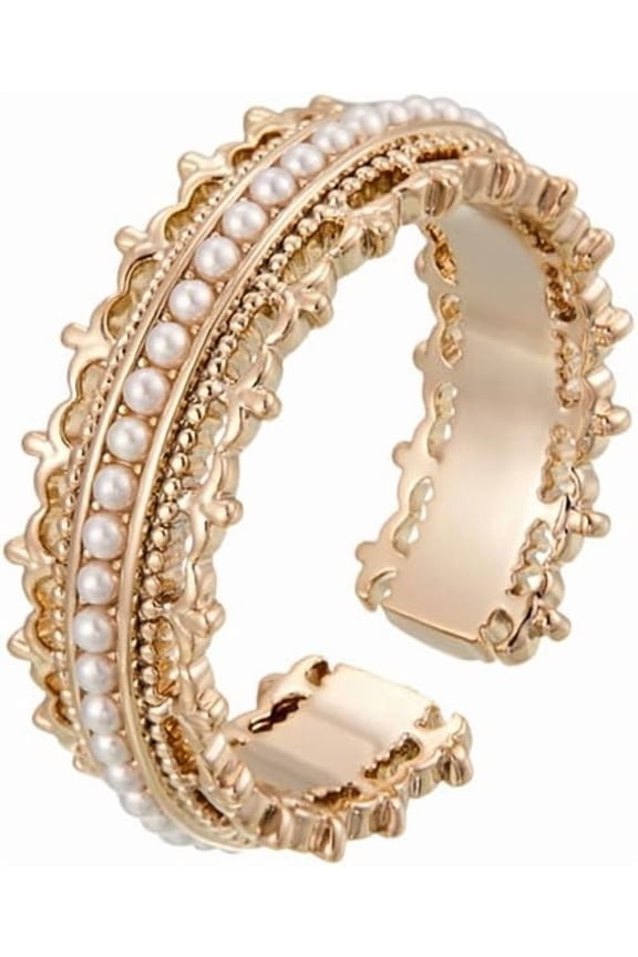 Vintage Crown Statement Open Ring for Women Pearl Beaded Adjustable Stacking Wrap Finger Band Christmas Wedding Band Fashion Jewelry