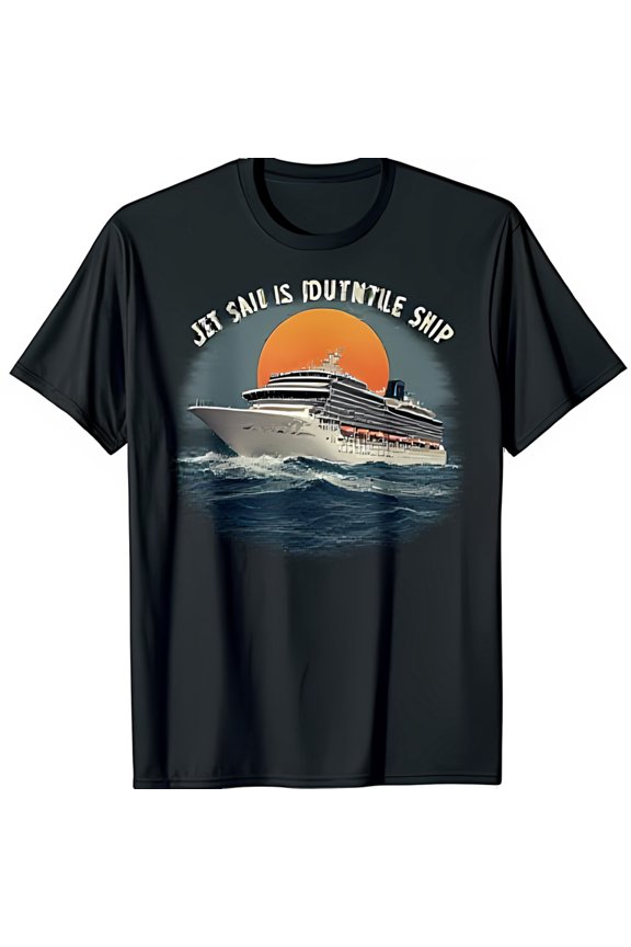 Vintage Cruise Ship Graphic Black T-Shirt Retro Sunset Design for Travel Lovers