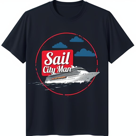 Vintage Cruise Ship Graphic T-Shirt Sail City Man Design on Blue