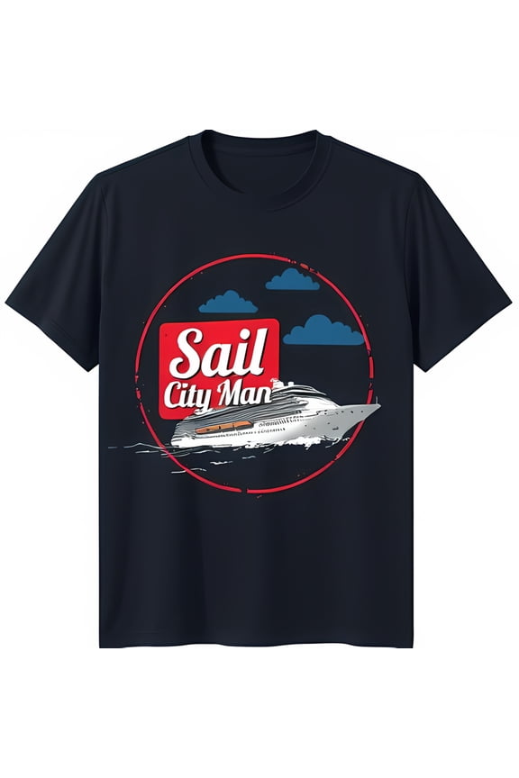 Vintage Cruise Ship Graphic T-Shirt Sail City Man Design on Blue