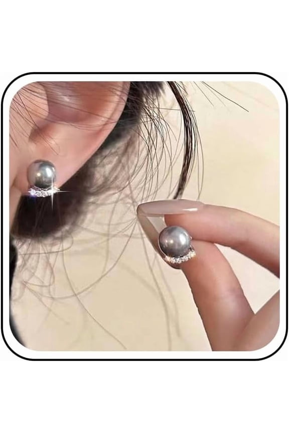 Vintage Crystal Grey Pearl Earrings Arc Crystal Pearl Earrings Grey Pearl Cz Stud Earrings Small Round Grey Bead Earrings Jewelry for Women