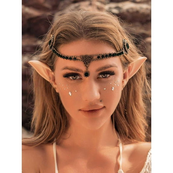 Vintage Crystal Head Chain with Elf Ears Rhinestone Pendant Hair Chains Halloween Party Festival Headpiece Hair Accessories for Women and Girls (Black)
