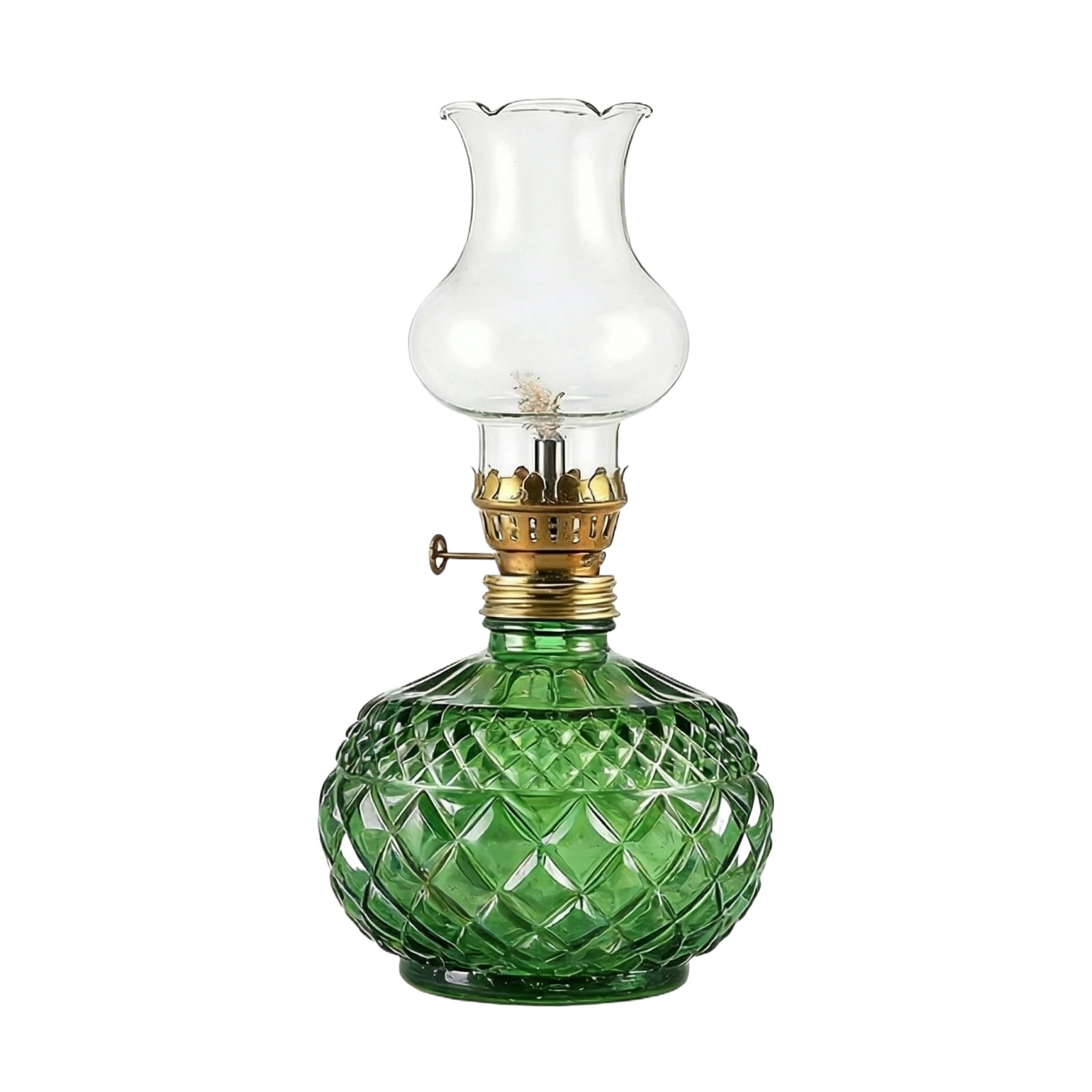 Vintage Crystal Kerosene Lamp - Green Glass Body with Retro Design, Clear Glass Shade for Home Decor, Camping, Emergency Lighting