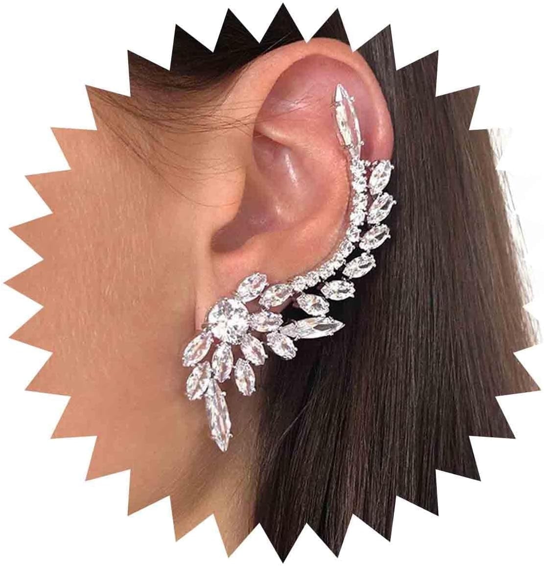 Vintage Crystal Leaf Cuff Earrings Sliver Rhinestone Ear Crawler