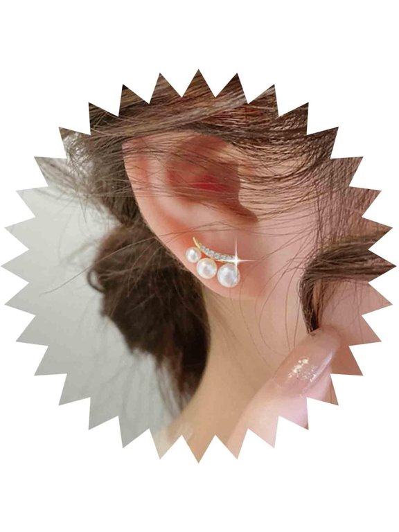 Vintage Crystal Pearl Ear Climber Earrings Gold Cz Pearl Crawler Stud Earrings Small Cz Climber Crawler Earrings Tiny Cluster Pearl Earrings Jewelry for Women