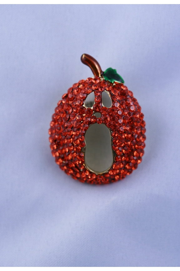 Vintage Crystal Rhinestone Halloween Orange Pumpkin Pin Brooch with Scary Face, Halloween Pumpkin Jewelry