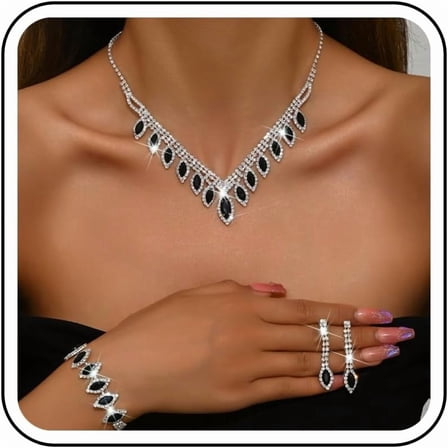 Vintage Crystal Rhinestone Jewelry Set 4 Piece Gorgeous Statement Necklace Earrings Bracelet Set Elegant Bridal Iced out Marquise Teardrop Accessories for Women