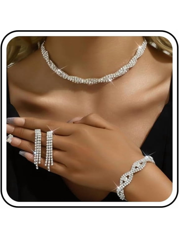 Vintage Crystal Rhinestone Jewelry Set 4 Piece Gorgeous Statement Necklace Earrings Bracelet Set Elegant Bridal Iced out Marquise Teardrop Accessories for Women