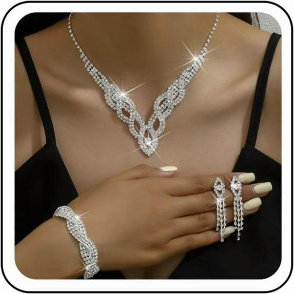 Vintage Crystal Rhinestone Jewelry Set 4 Piece Gorgeous Statement Necklace Earrings Bracelet Set Elegant Bridal Iced out Marquise Teardrop Accessories for Women