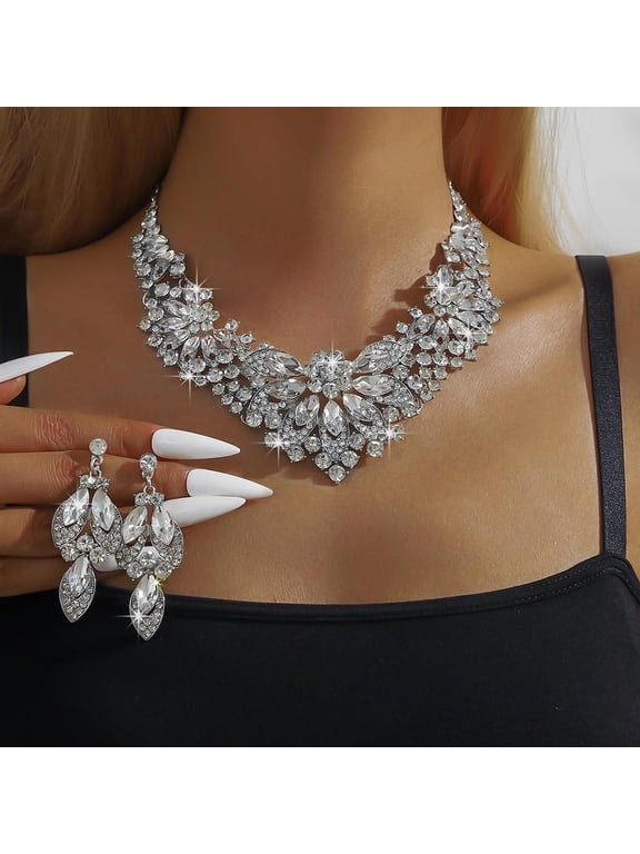 Vintage Crystal Rhinestone Statement Choker Bib Statement Necklace Earring Set Sparkly Chunky Cluster Leaf Flower Necklace Dangle Earrings Set Party Prom Bar Costume Jewelry Sets