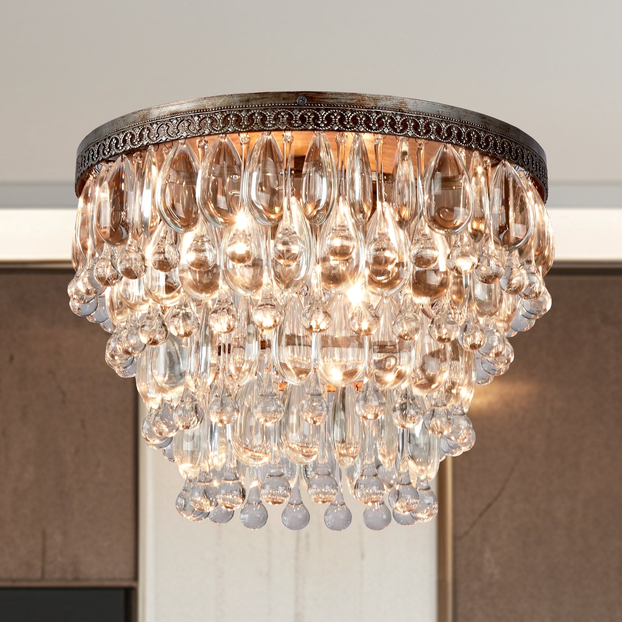 Vintage Round 15 Inch Crystal Droplets Flush Mount, Luxury Semi Flush Mount, Elegant Ceiling Light, Light Fixture for Living Room, Dining Room, Bedroom