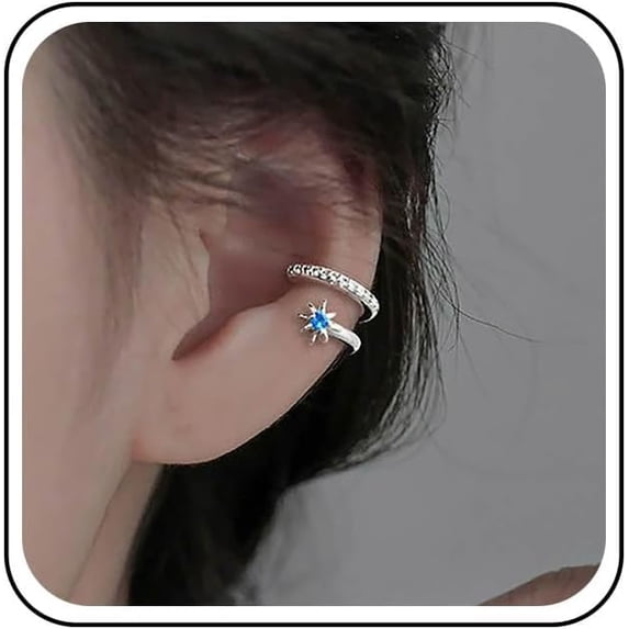 Vintage Crystal Star Ear Cuff Earring Tiny Rhinestone Blue Zircon Northstar Clip on Earring Small Star Wrap Earrings Non Piercing C Shape Starburst Cartilage Earrings Jewelry Gifts for Women