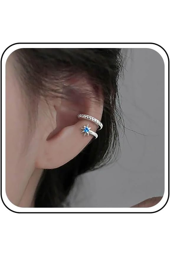 Vintage Crystal Star Ear Cuff Earring Tiny Rhinestone Blue Zircon Northstar Clip on Earring Small Star Wrap Earrings Non Piercing C Shape Starburst Cartilage Earrings Jewelry Gifts for Women