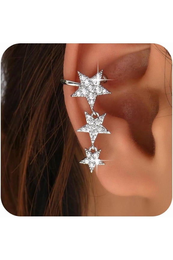 Vintage Crystal Star Ear Cuff Earrings Silver Cz Star Dangle Cuff Earrings Rhinestone Star Cuff Earrings Long Dangle Helix Ring Cuff Earrings Jewelry for Women
