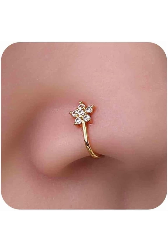 Vintage Crystal Star Nose Ring - Gold Rhinestone Stud Boho Cz No Piercing Hoop Clip on Nose Ring Jewelry for Women
