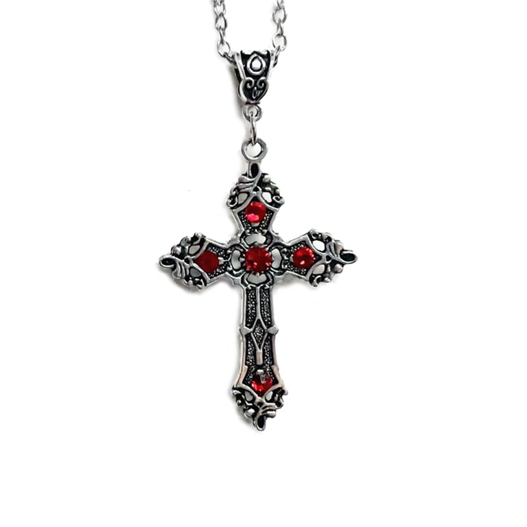 Punk Goth Cross Necklace For Women & Men - Shiny Cubic Zirconia Faith Choker With Silver Chain