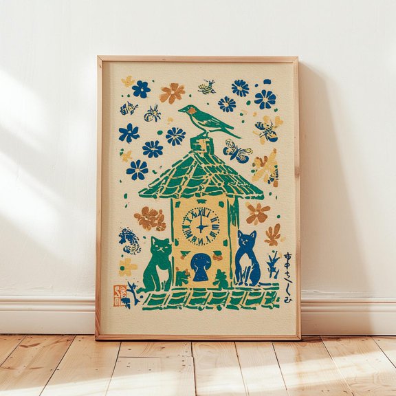 Vintage Cuckoo Clock Wall Art Folk Floral Cottagecore Style Decor Room Interior Display