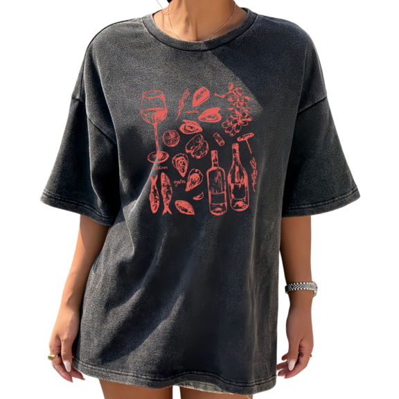 Vintage Culinary Wine Seafood Washed Black Shirts Print Tshirt Graphic Tees Gourmet Gift S-2XL Tops