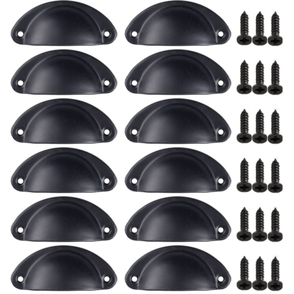 Vintage Cup Pull Shell Handle Half Moon Design Cabinet Hardware Drawer Pull with Mounting Screws for Kitchen Cabinet Door Dresser Wardrobe 12 Pack(Black)