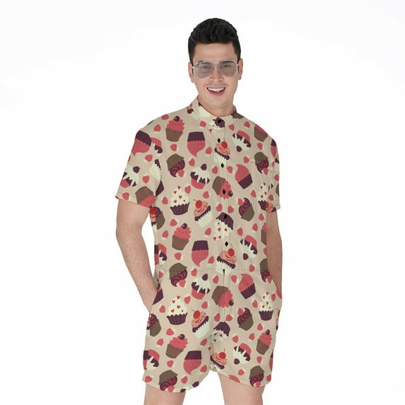 Vintage Cupcake Pattern Short Sleeve Men'S Rompers Casual Summer Jumpsuits Outfit