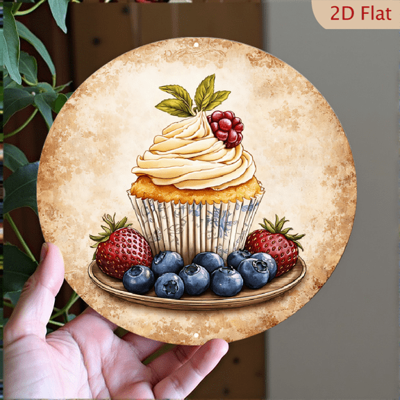 Vintage Cupcake Wall Art, Round Aluminum Decorative Metal Sign, 8x8 Inch Kitchen Dessert Wall Decor