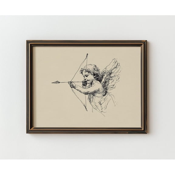 Vintage Cupid Cherub Romantic Line Art Decor Wall Art Unframed Paper Print