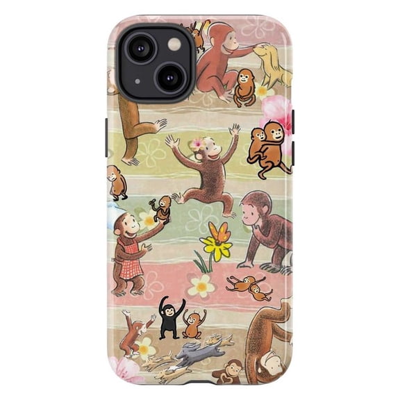 Vintage Curious Monkey Jungle Friends Phone Case, Retro Pastel Floral Aesthetic Protective Cover for iPhone 16 15 14 13 12 11 Pro Max Plus Mini