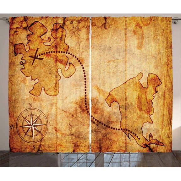 Ambesonne Vintage Curtains 2 Panel Set, Treasure Map Compass, 108" x 90", Tan