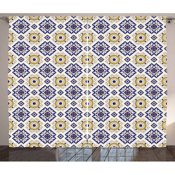 Ambesonne Vintage Curtains 2 Panel Set, Victorian Geometric, 108" x 90", Earth Yellow and Dark Blue