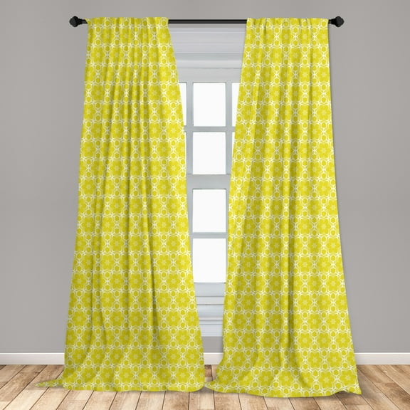 Vintage Curtains 2 Panels Set, Continuous Pattern with Floral Style Oriental Monochromatic Ornament, Window Drapes for Living Room Bedroom, 56"W X 63"L, Yellow and White, by Ambesonne