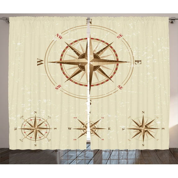 Ambesonne Vintage Curtains 2 Panel Set, Compass Nautical Retro, 108" x 90", Beige Tan