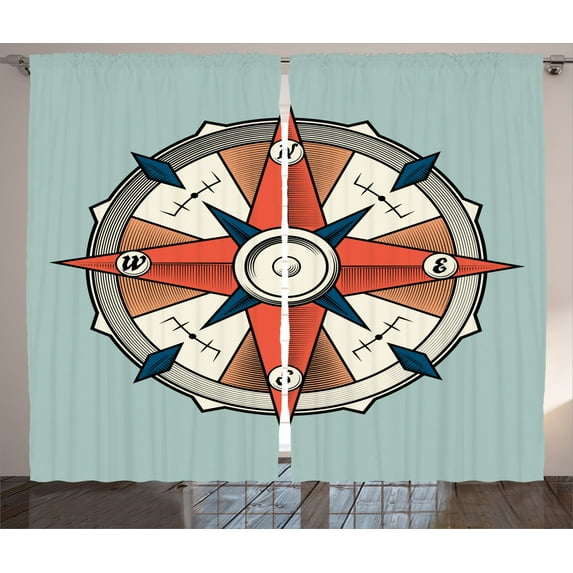 Ambesonne Vintage Curtains 2 Panel Set, Cruise Compass Grunge, 108" x 84", Pale Orange Turquoise