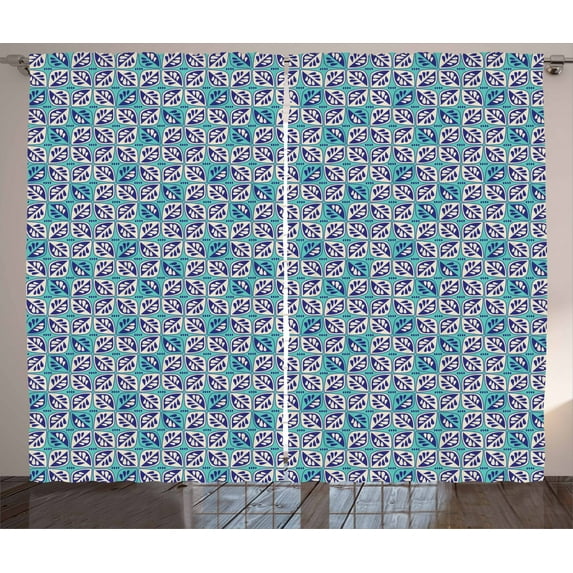Vintage Curtains 2 Panels Set, Geometrical Nature Themed Primitive Geometric Leaf in Contrast, Window Drapes for Living Room Bedroom, 108W X 90L Inches, Teal Navy Blue and Eggshell, by Ambesonne