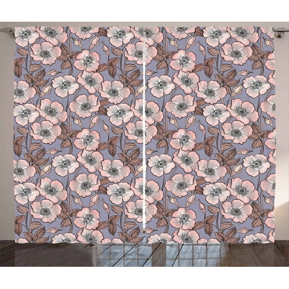 Ambesonne Vintage Curtains 2 Panel Set, Poppy Buds Garden Art, 108" x 96", Mauve Blush