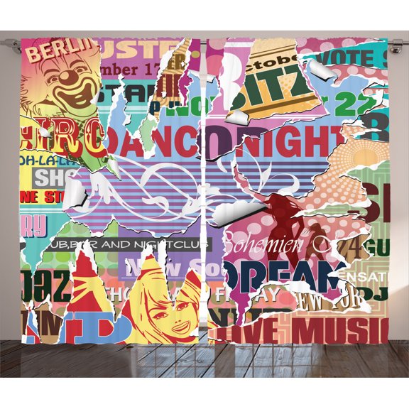 Ambesonne Vintage Curtains 2 Panel Set, Old Torn Poster Effect, 108" x 90", Yellow Blue