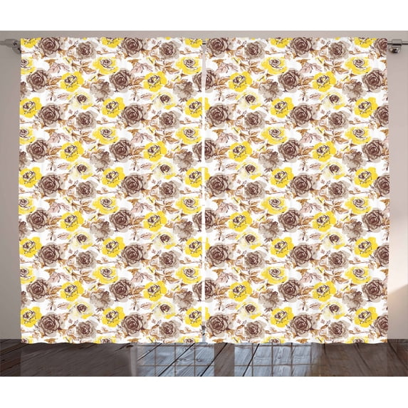 Ambesonne Vintage Curtains 2 Panel Set, Grungy Roses Romantic, 108" x 84", Yellow Beige Brown
