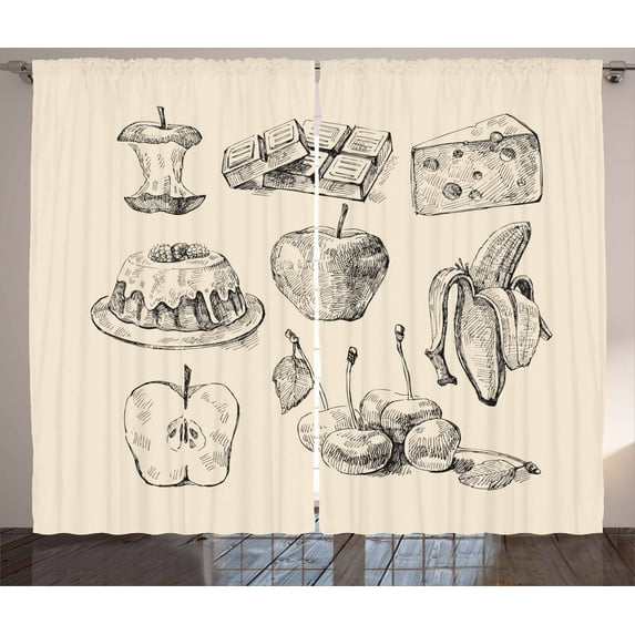 Vintage Curtains 2 Panels Set, Hand-Drawn Sketch Style Meals Such as Apple Banana Cheese and Chocolate, Window Drapes for Living Room Bedroom, 108W X 63L Inches, Eggshell and Black, by Ambesonne