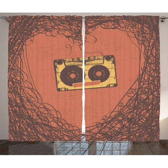 Ambesonne Vintage Curtains 2 Panel Set, Retro Cassette Music, 108" x 90", Orange Brown