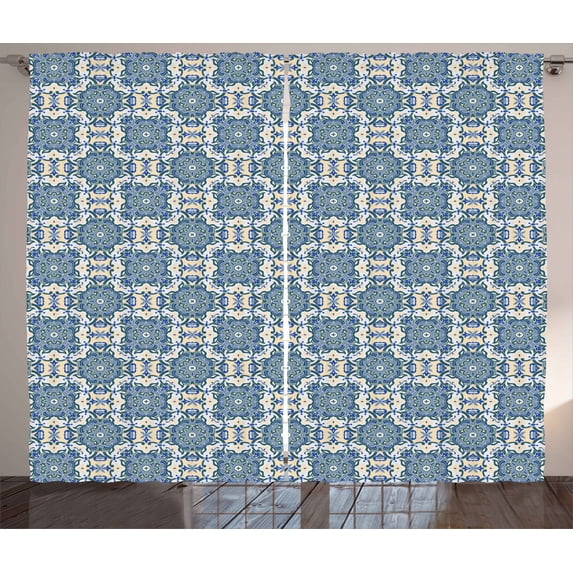 Ambesonne Mandala Curtains 2 Panel Set, Repeating Form, 108" x 84", Reseda Green Pale Blue