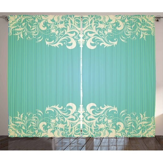 Ambesonne Vintage Curtains 2 Panel Set, Flora Curlicues, 108" x 96", Seafoam Cream