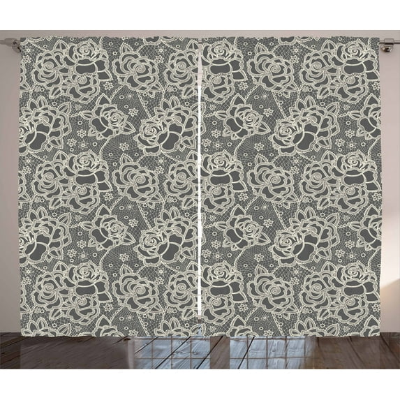 Ambesonne Vintage Curtains 2 Panel Set, Romantic Rose Motifs, 108" x 90", Dark Taupe Cream