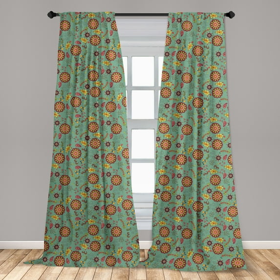 Vintage Curtains 2 Panels Set, Retro Flowers and Leaves Nostalgic Spring Fantasy Theme Cheerful Garden, Window Drapes for Living Room Bedroom, 56"W X 95"L, Multicolor, by Ambesonne