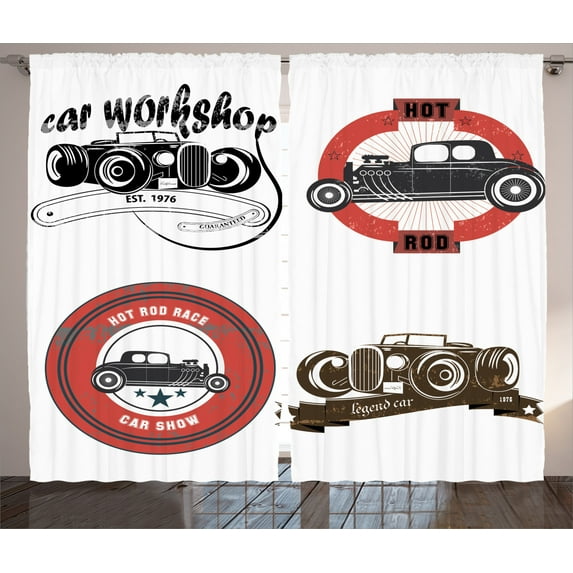 Ambesonne Cars Curtains 2 Panel Set, Retro Hot Rod Pop Art Print, 108" x 84", Multicolor