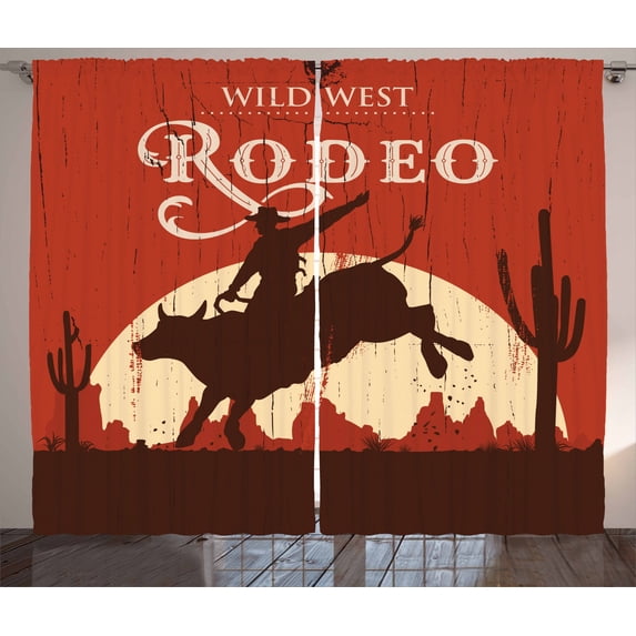 Ambesonne Vintage Curtains 2 Panel Set, Rodeo Cowboy Rides Bull, 108" x 108", Orange Brown