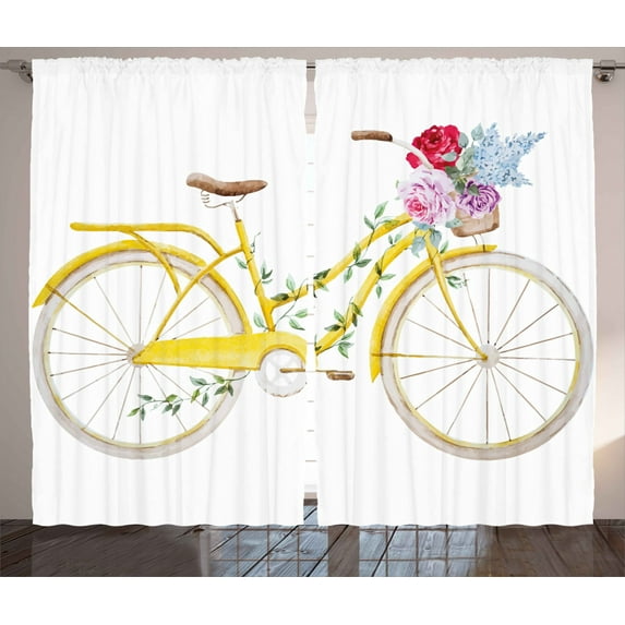 Ambesonne Vintage Curtains 2 Panel Set, Bicycle with Flowers, 108" x 108", Yellow and White
