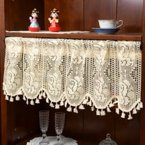 Vintage Curtains with tassels Curtain Valance for Kitchen Cafe, Short Boho Sheer Lace Crochet Curtain for Dinning Room