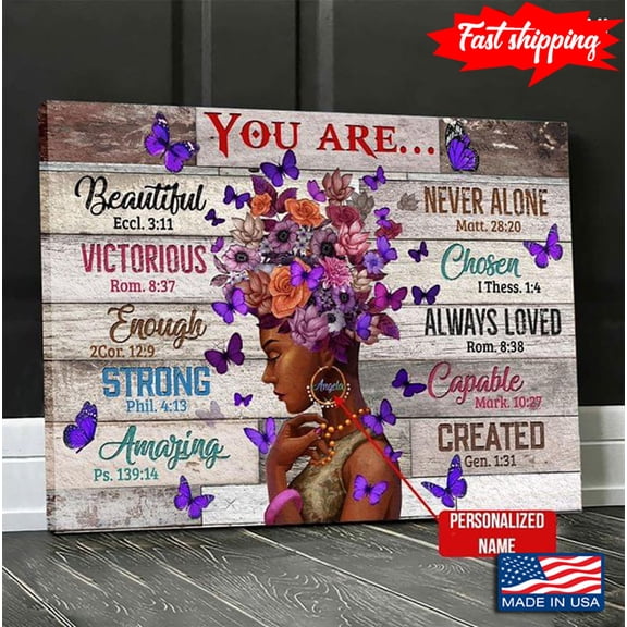 Vintage Customized Name Black Girl With Purple Flowers & Purple Butterflies And Butterflies You Are Beautiful Never Alone Victorious 11 x 17 Inch Poster